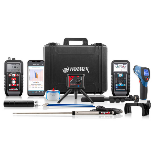 Tramex Water Damage Restoration Inspector Kit - WDIK An image of the Tramex Water Damage Restoration Inspector Kit, displaying various components including moisture meters and accessories designed for assessing water damage. The kit is arranged on a neutral background, showcasing its professional-grade quality and utility for restoration tasks.