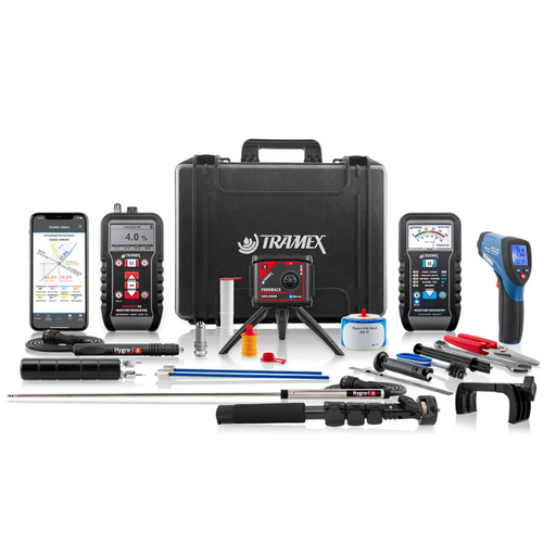Tramex Water Damage Restoration Master Kit - WDMK A comprehensive water damage restoration kit displayed against a white background, featuring essential tools and instruments for moisture detection and restoration, including a moisture meter, hygrometer, and various probes.