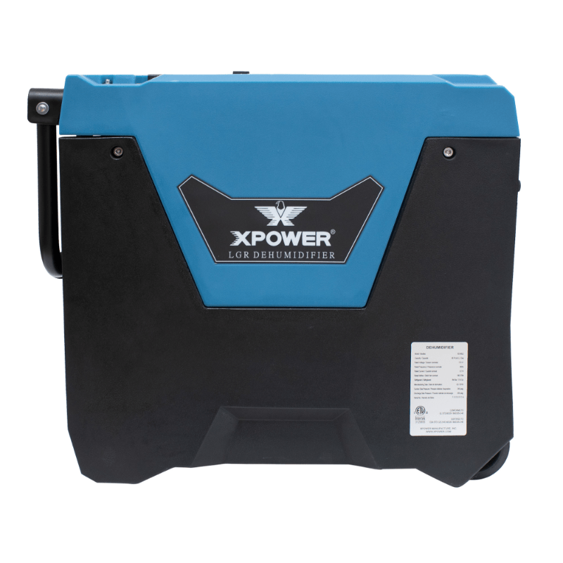 xd 85l2 blue lgr dehumidifier left side view handle down.